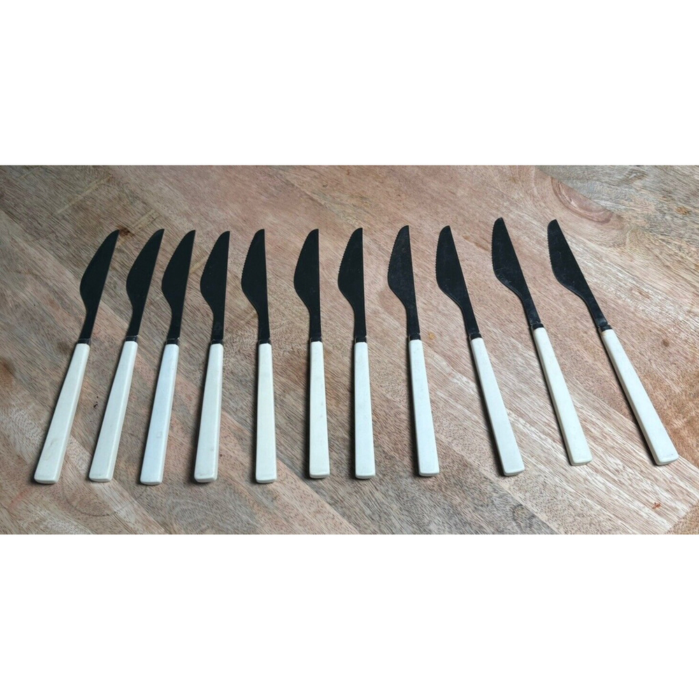 Vintage Set Of 11 Anacapa Stainless Cubed Plastic Handle APF DINNER KNIFE